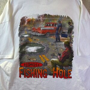 Vtg Redneck Sportsman T-Shirt Mens 2XL White Redneck Fishing Hole Graphic FLAWS
